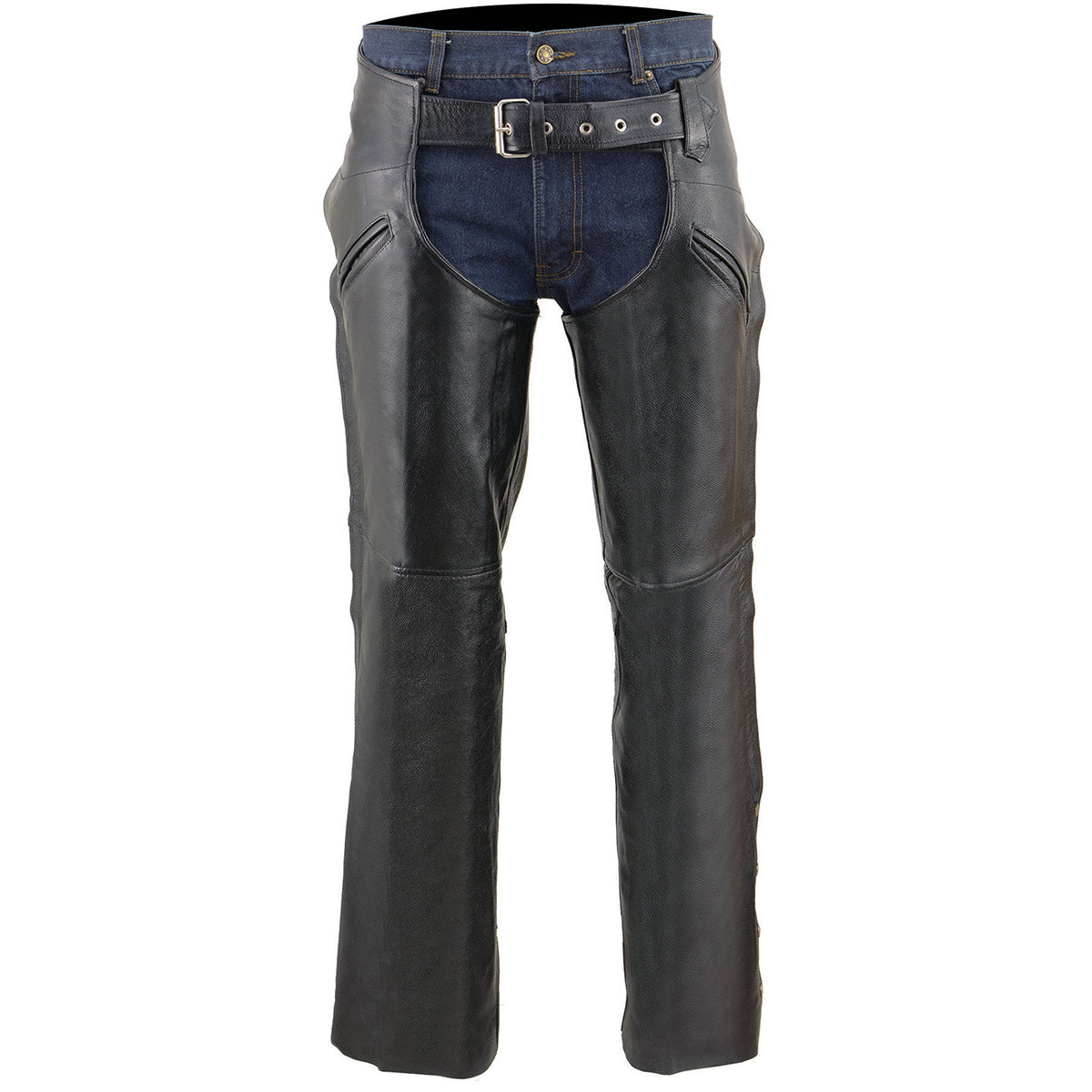 Milwaukee Leather Chaps for Men's Black Premium Leather - Slash Pockets Mesh Lined Motorcycle Riders Chap - LKM5710