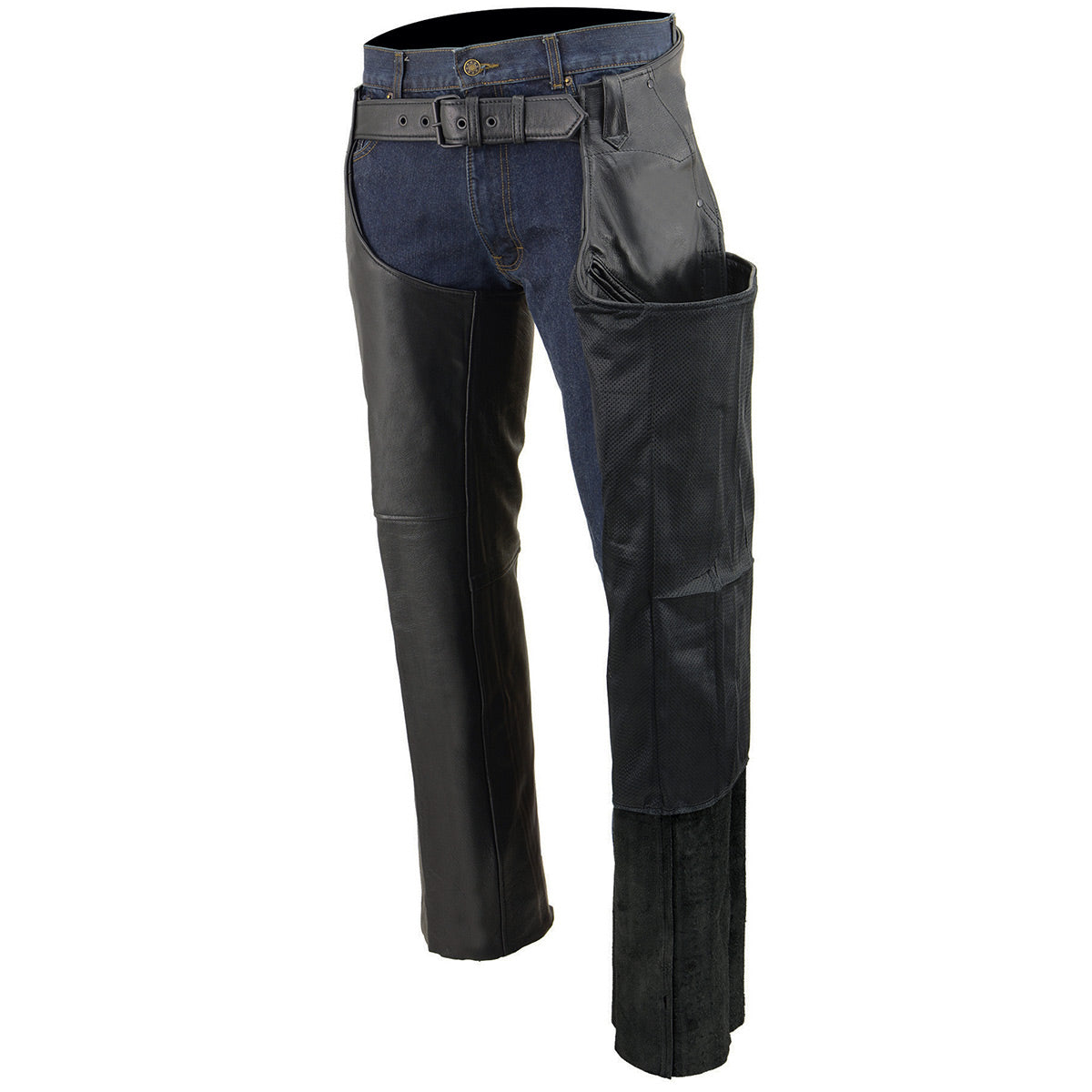 Milwaukee Leather Chaps for Men's Black Leather 3-Front Pockets- Thigh Patch Pocket Motorcycle Riders Chap- LKM5780