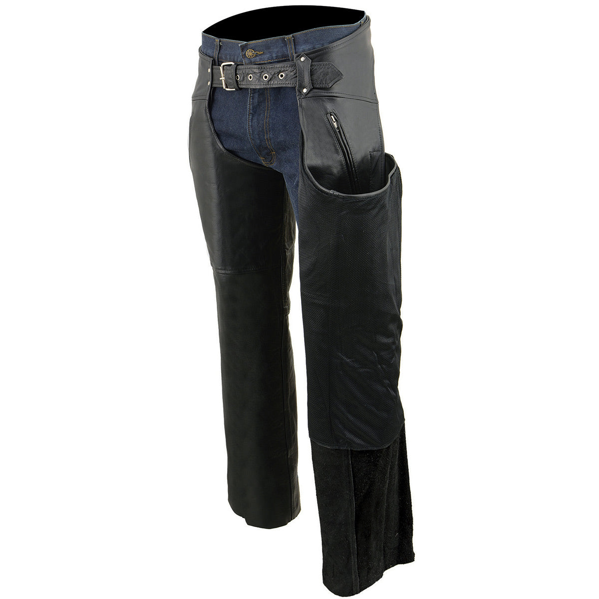 Milwaukee Leather Chaps for Men's Black Leather Dual Side Thigh Zipper Close Pockets Motorcycle Rider Chap- LKM5782