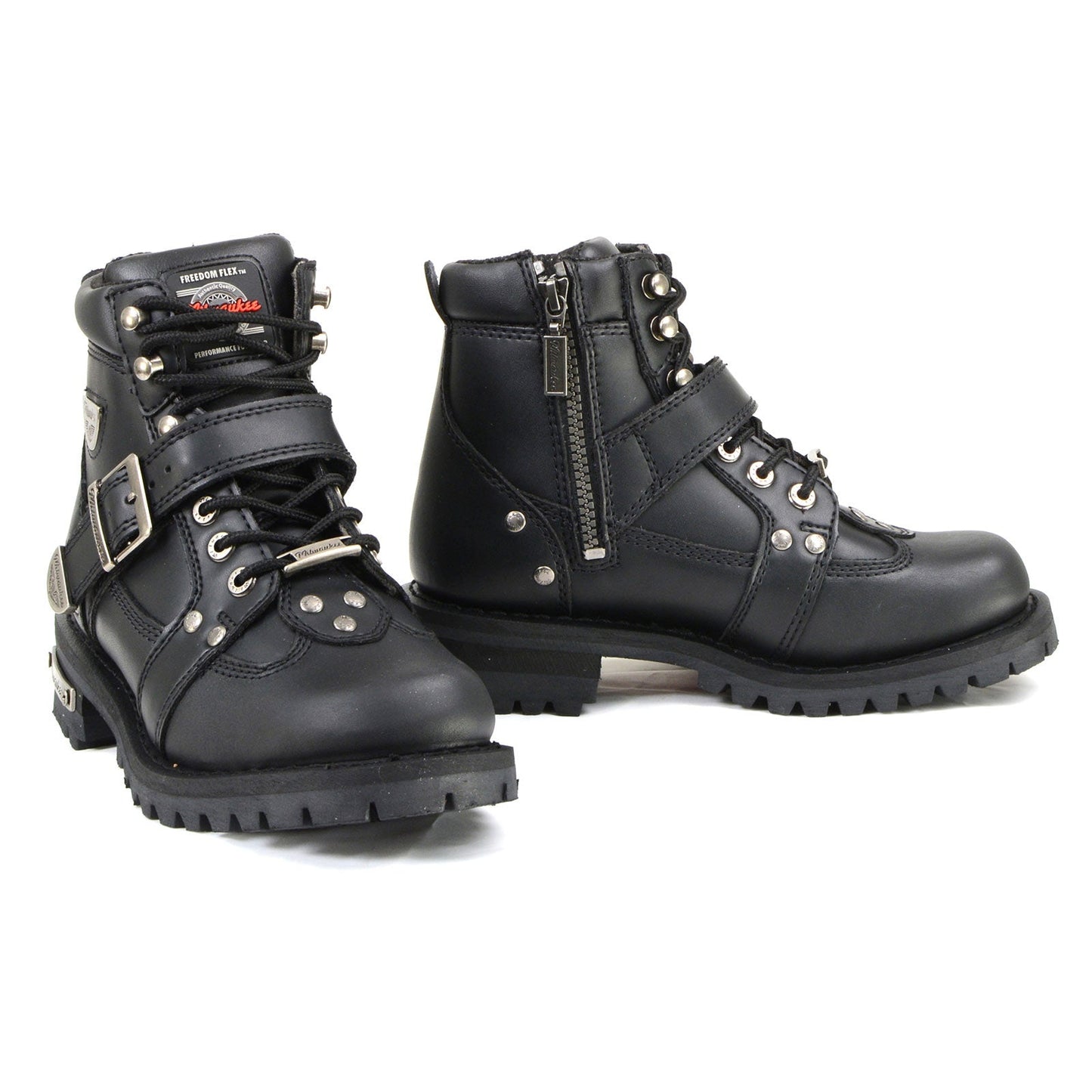 Pair of black leather boots with metal accents on a white background