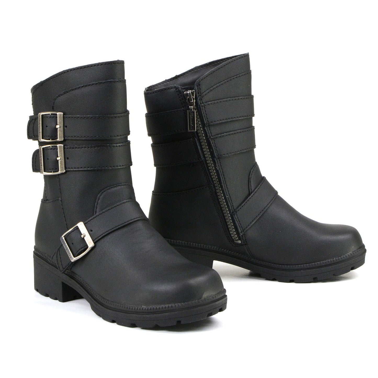 Pair of black leather motorcycle riding boots with buckles and a zipper on a white background