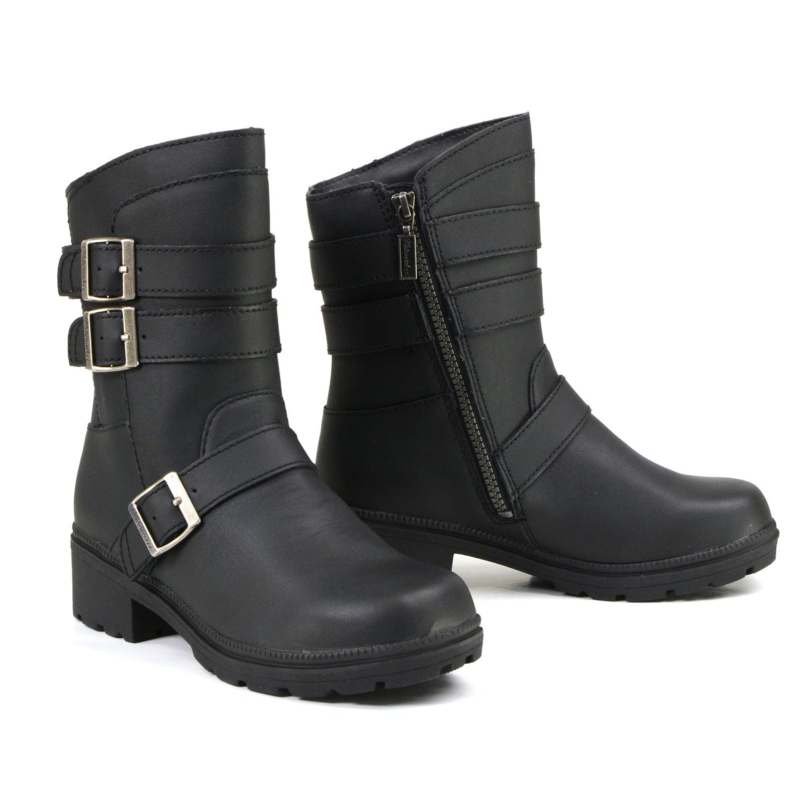 Pair of black leather motorcycle riding boots with buckles and a zipper on a white background