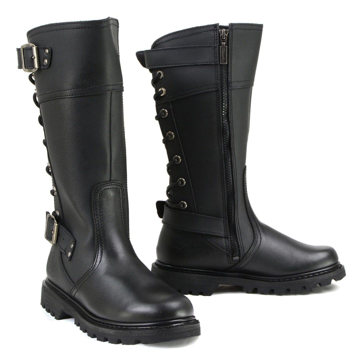 Pair of women's black leather motorcycle riding boots knee-high with buckles and zippers on a white background