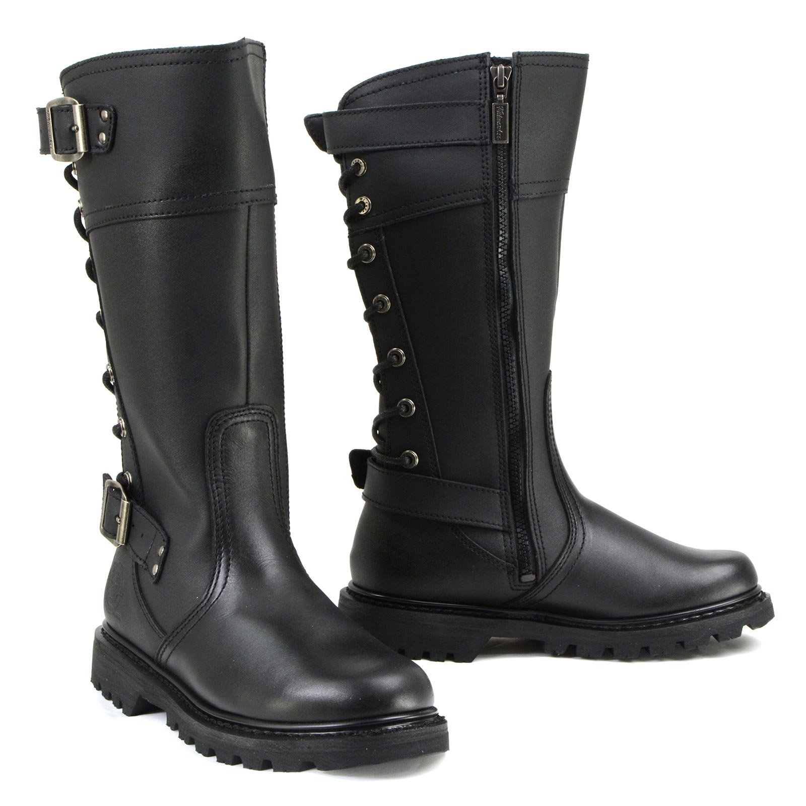 Pair of women's black leather motorcycle riding boots knee-high with buckles and zippers on a white background