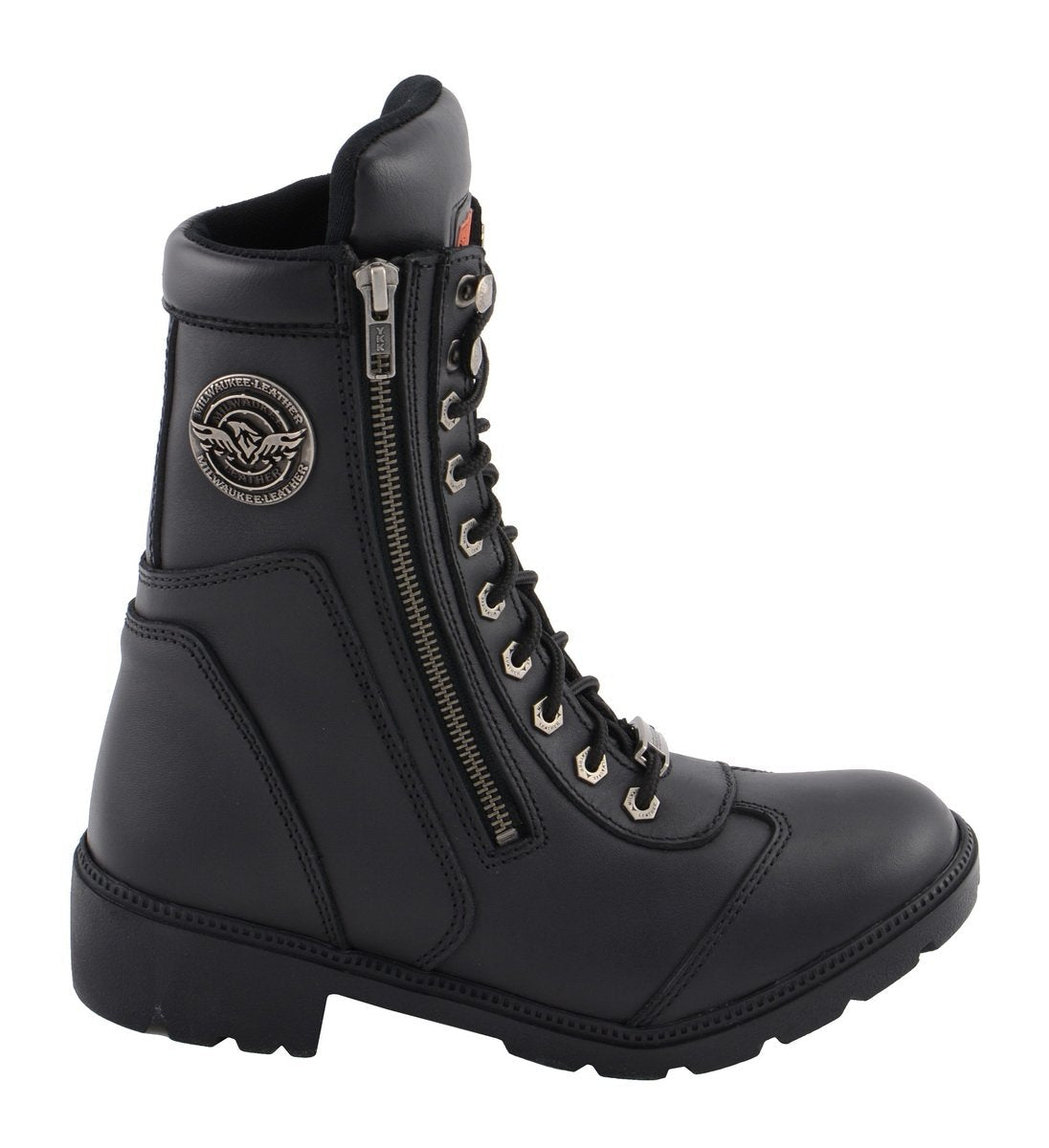 Milwaukee Leather MBL9301 Women's Black Leather Lace-Up Motorcycle Biker Riding Boots with Side Zipper Entry