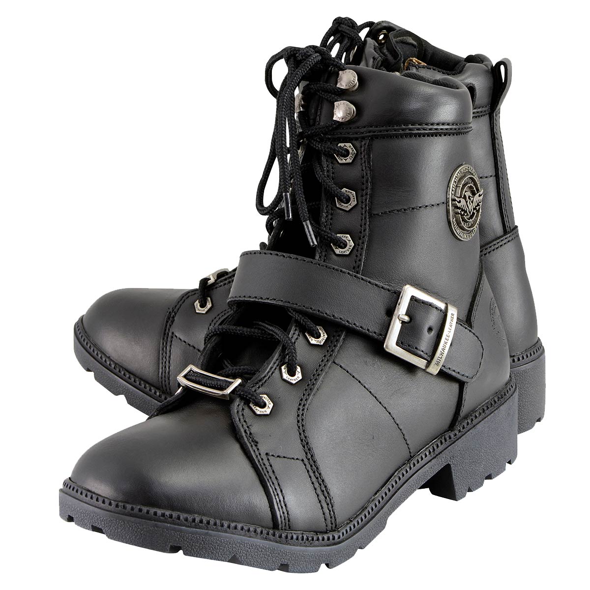 Milwaukee Leather MBL9325 Women's Premium Black Lace-Up Classic Leather Motorcycle Biker Boots w/ Side Zipper