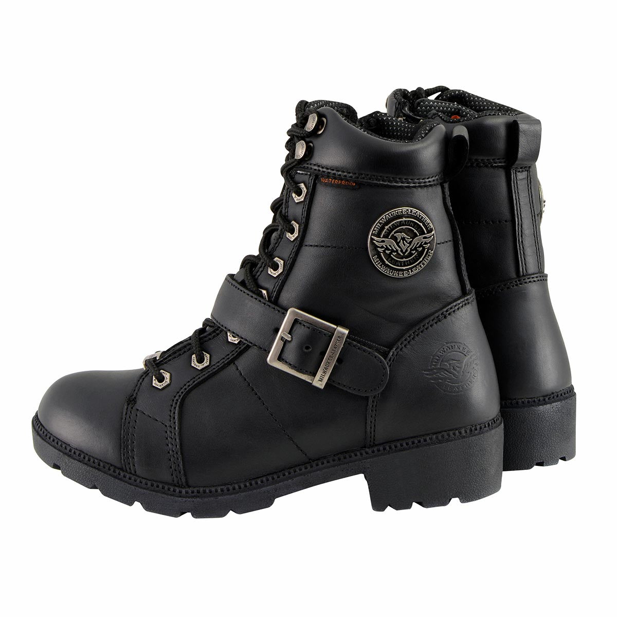 Milwaukee Leather MBL9326WP Women's Premium Black Leather Lace-Up Waterproof Motorcyle Rider Boots