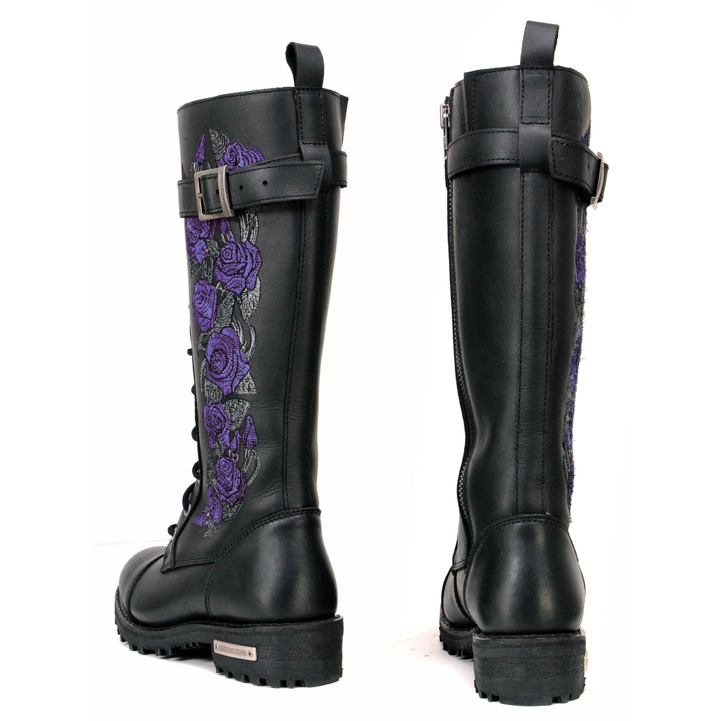 Milwaukee Leather MBL9357 Women's Black 14” Tall Motorcycle Boots Lace-Up High-Rise Purple Embroidered Leather Shoe