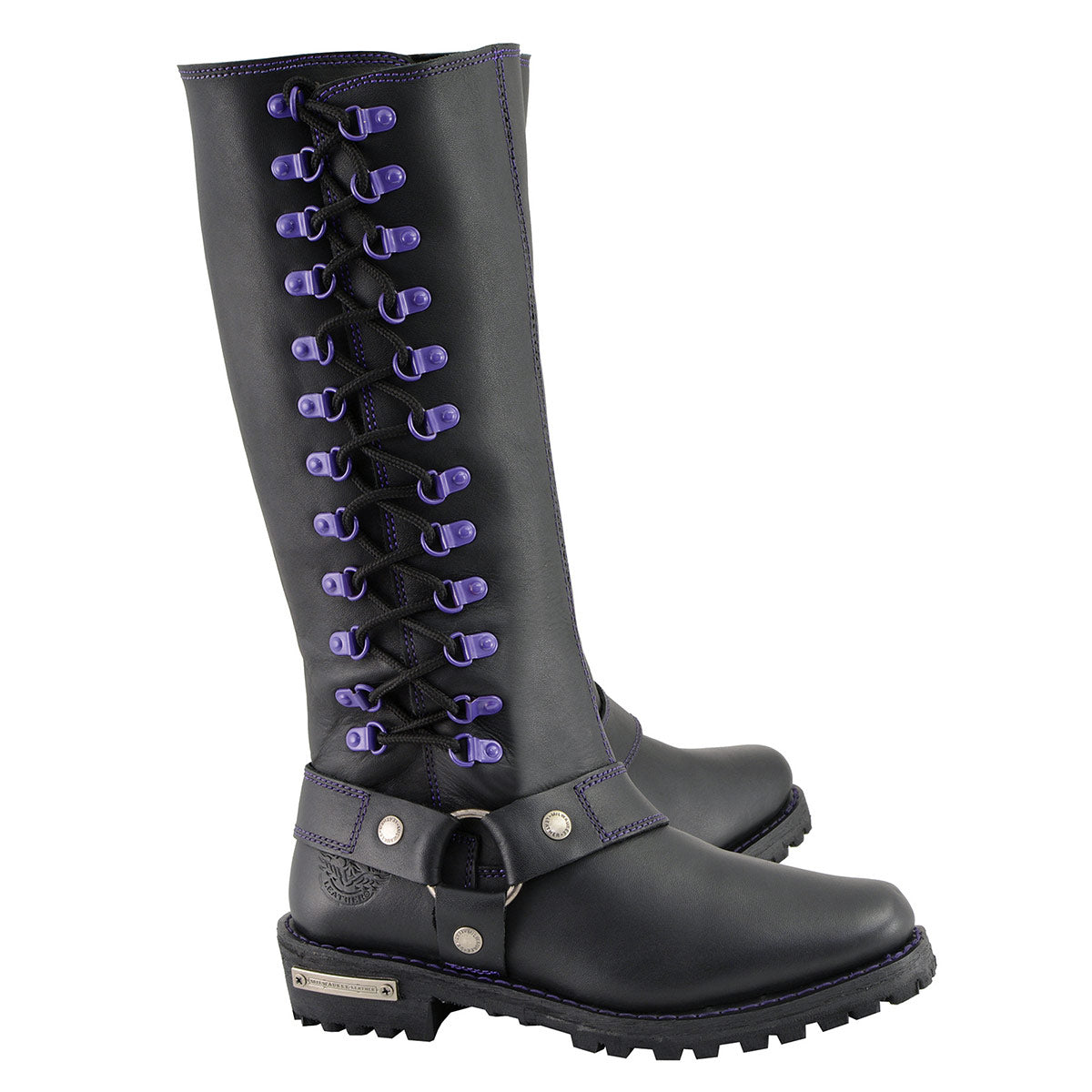 Milwaukee Leather MBL9366 Women's Black 14-inch Leather Harness Motorcycle Boots with Purple Accent Lacing