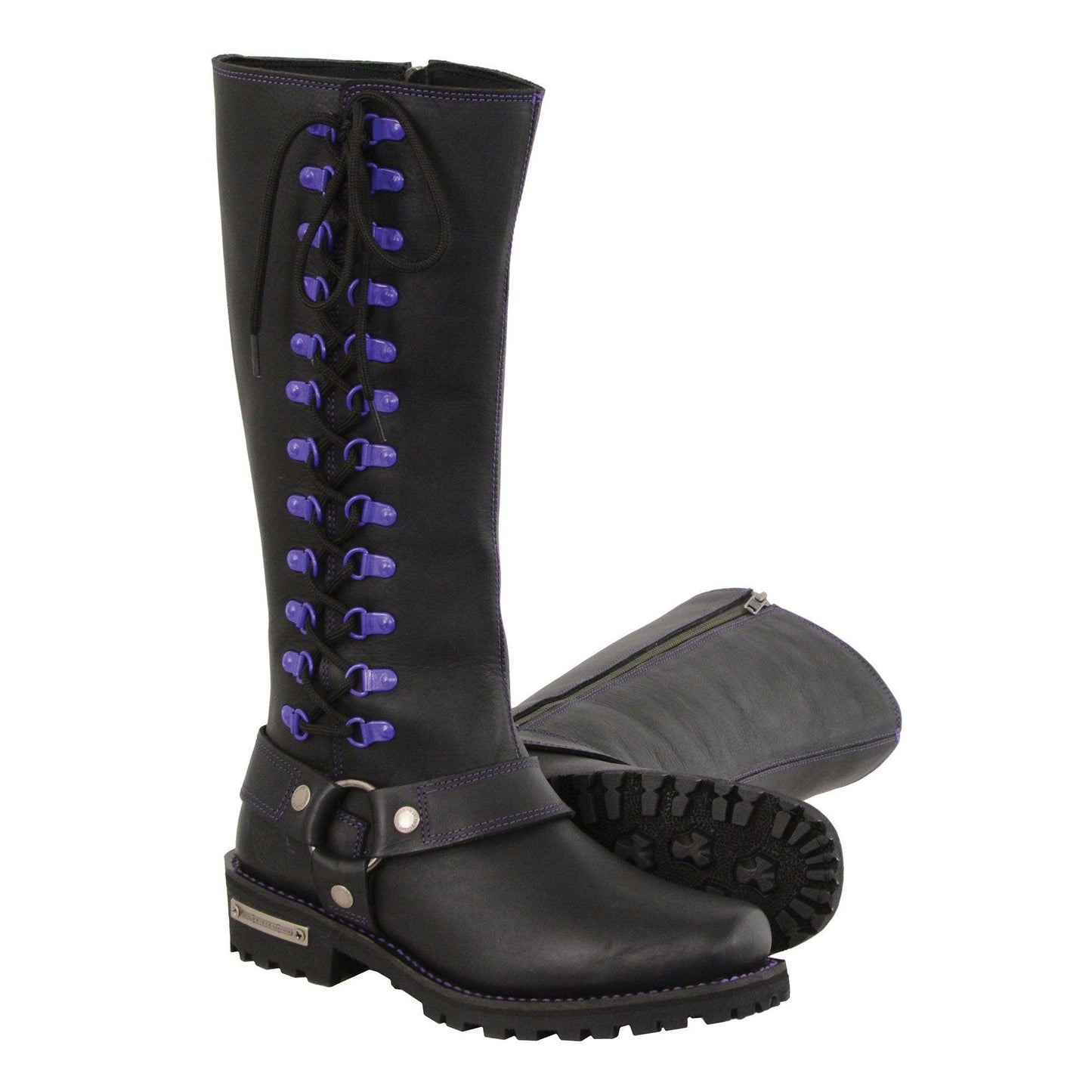 Milwaukee Leather Women's Black 14-inch Leather Harness Motorcycle Boots with Purple Accent Lacing MBL9366