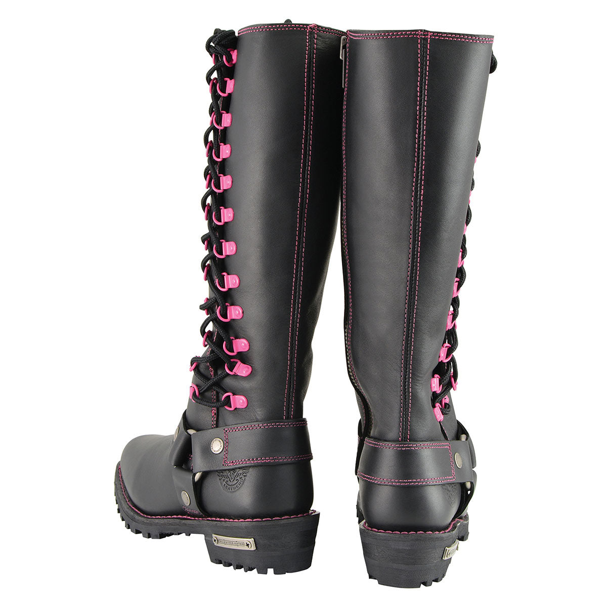 Milwaukee Leather MBL9367 Women's Black 14-inch Leather Harness Motorcycle Boots with Fuchsia Accent Lacing