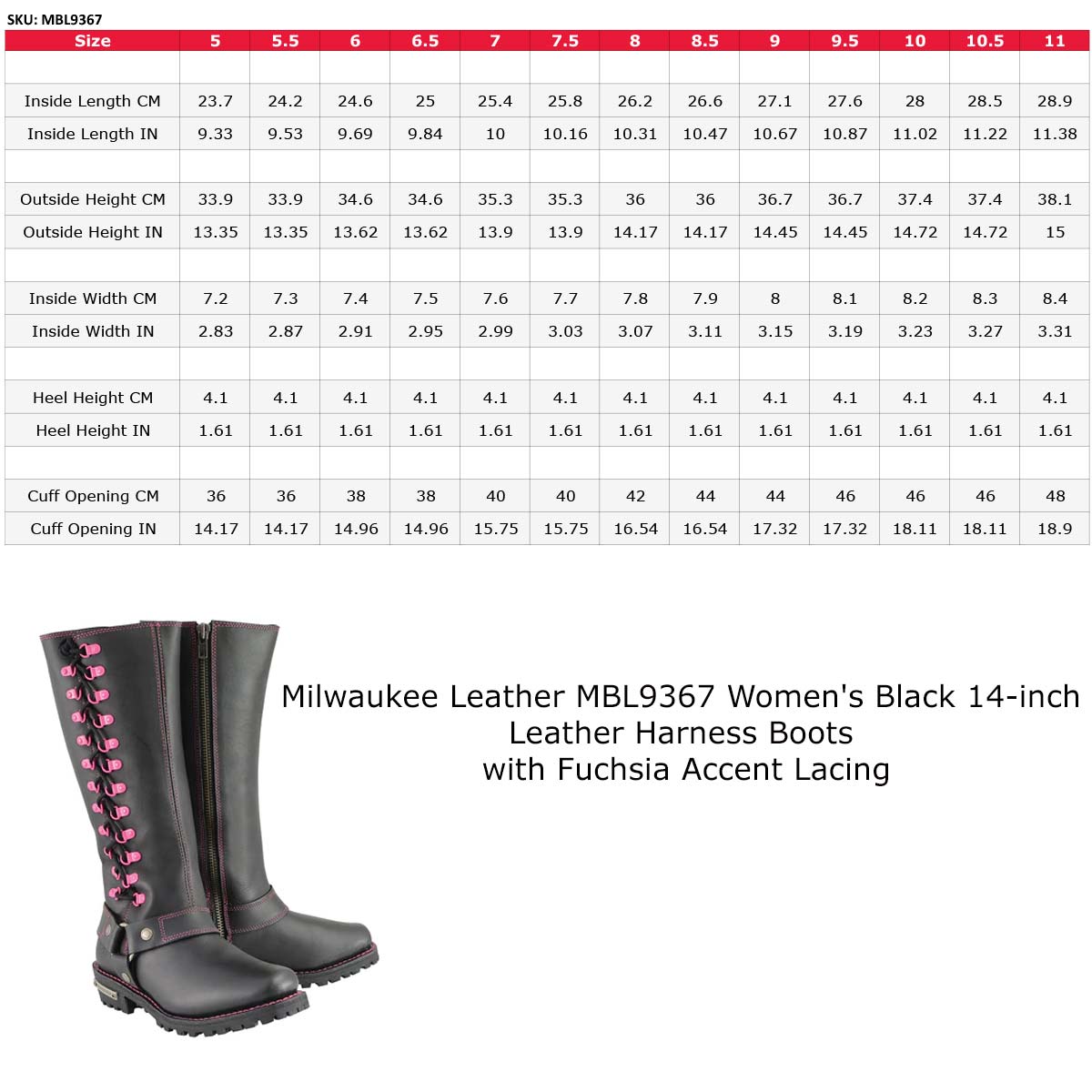 Milwaukee Leather MBL9367 Women's Black 14-inch Leather Harness Motorcycle Boots with Fuchsia Accent Lacing