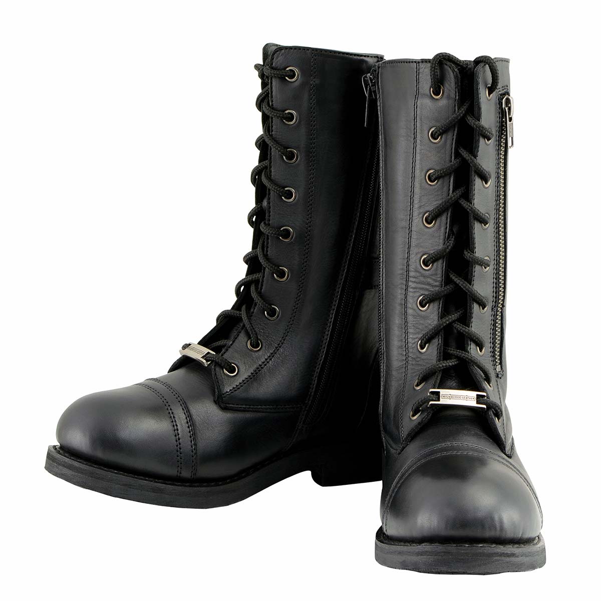 Milwaukee Leather MBL9369 Women's ‘Graze’ Black Leather Lace-Up Motorcycle Boots with Zipper Pocket