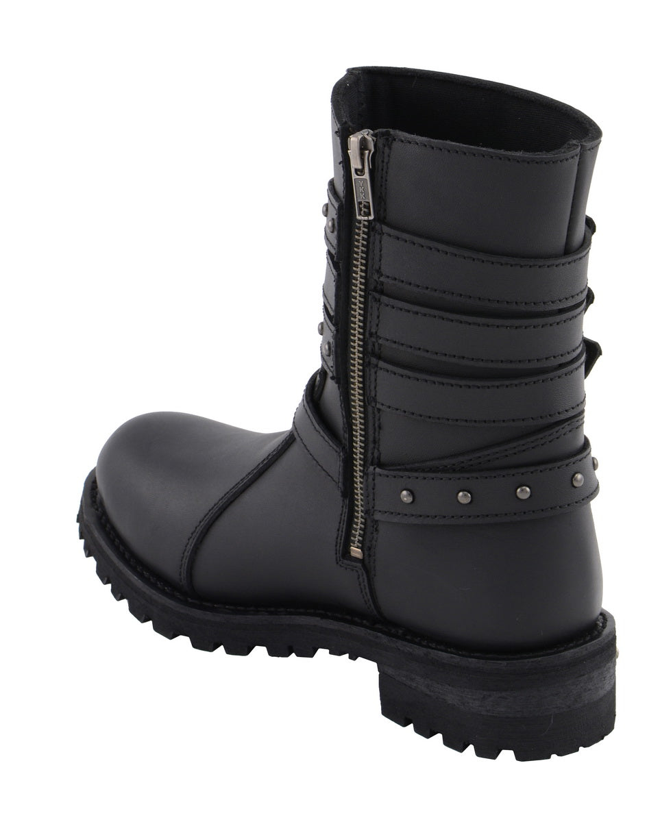 Milwaukee Leather MBL9399 Women's 9-Inch Triple Buckle Black Leather Harness Biker Boots w/ Side Zipper Entry