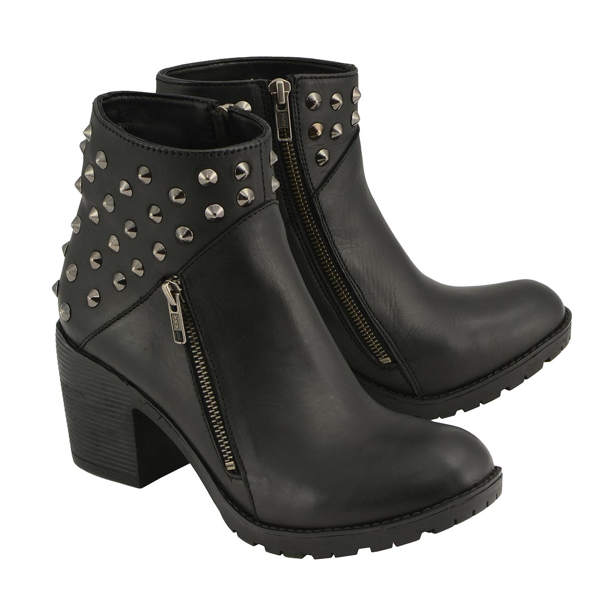 Black studded ankle boots with a small heel and side zipper on a white background