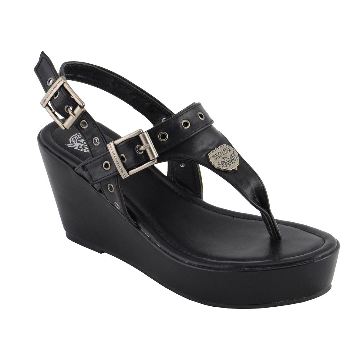 Milwaukee Leather MBL9411 Women's Black Wedge Fashion Casual Sandals with Buckled Straps