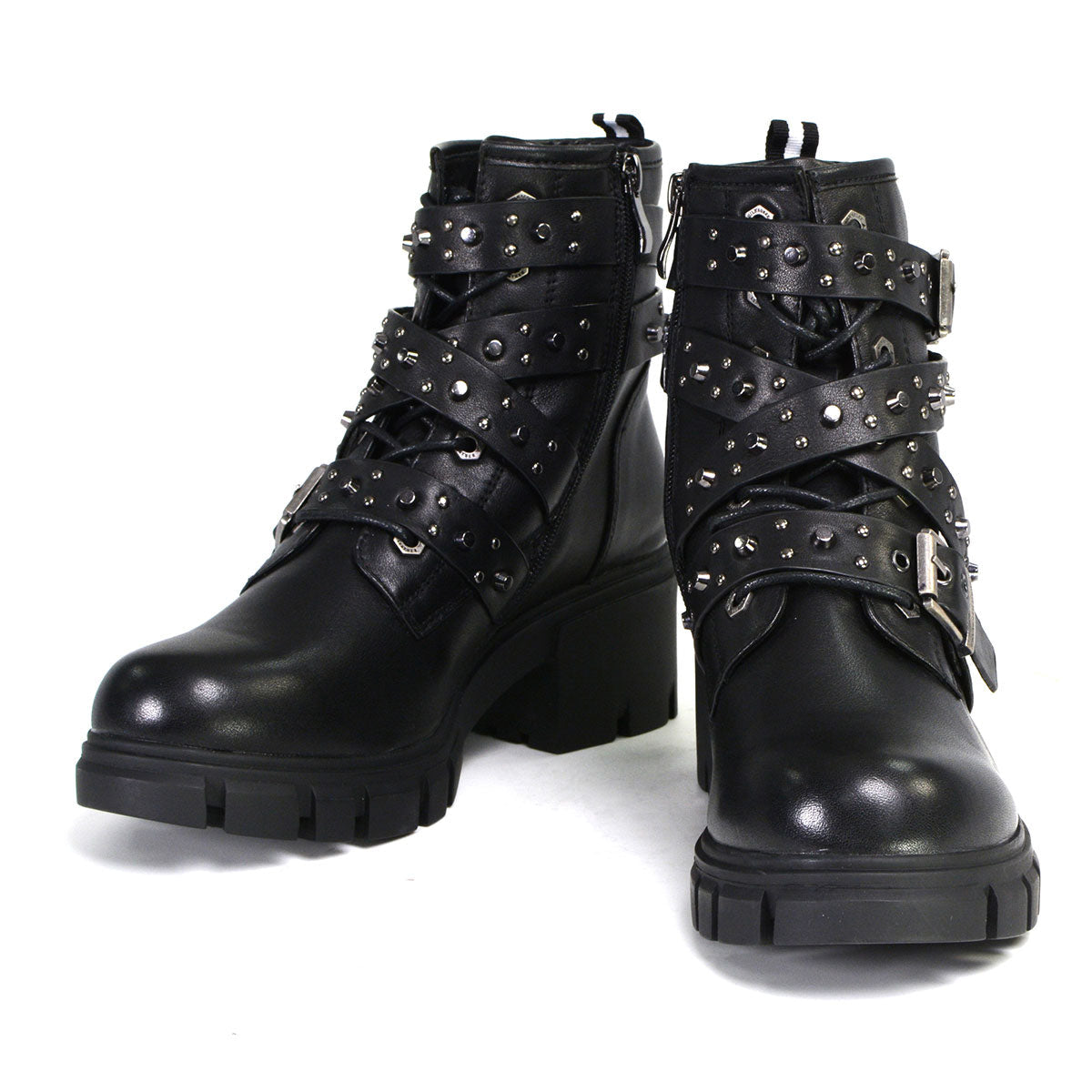 Milwaukee Leather MBL9444 Women's ‘Bruiser’ Premium Black Leather Lace-Up Fashion Boots with Studded Straps