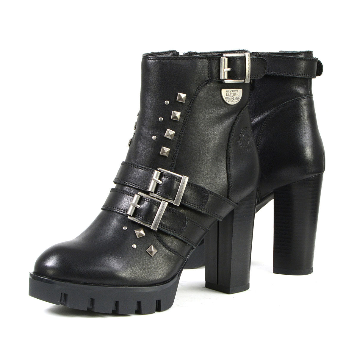 Milwaukee Leather MBL9456 Women's Premium Black Leather Fashion Platform Boots with Straps