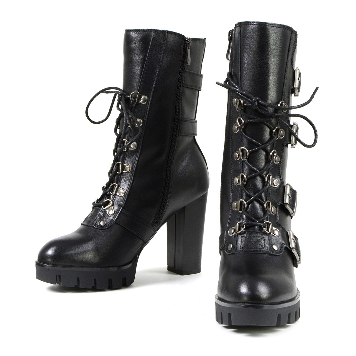 Milwaukee Leather MBL9459 Women's Premium Black Leather Buckles Platform Fashion Boots with Lace-Up Closure