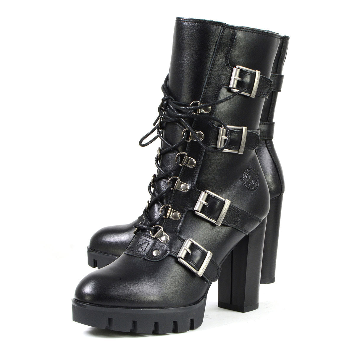 Milwaukee Leather MBL9459 Women's Premium Black Leather Buckles Platform Fashion Boots with Lace-Up Closure