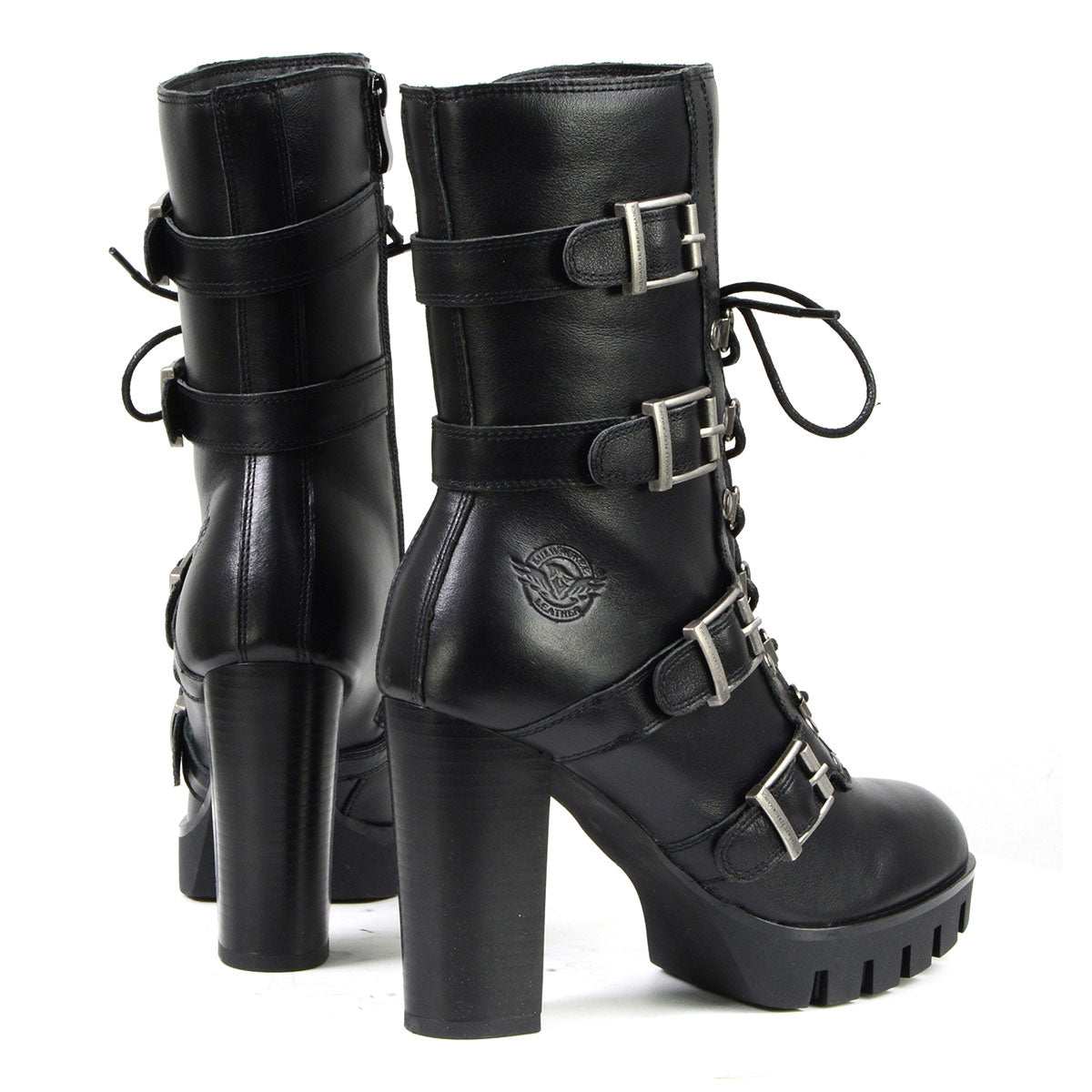 Milwaukee Leather MBL9459 Women's Premium Black Leather Buckles Platform Fashion Boots with Lace-Up Closure