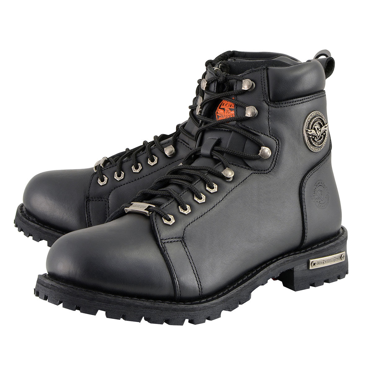 Milwaukee Leather MBM100W Men's Black Leather Wide-Width Lace-Up Motorcycle Boots with Side Zipper