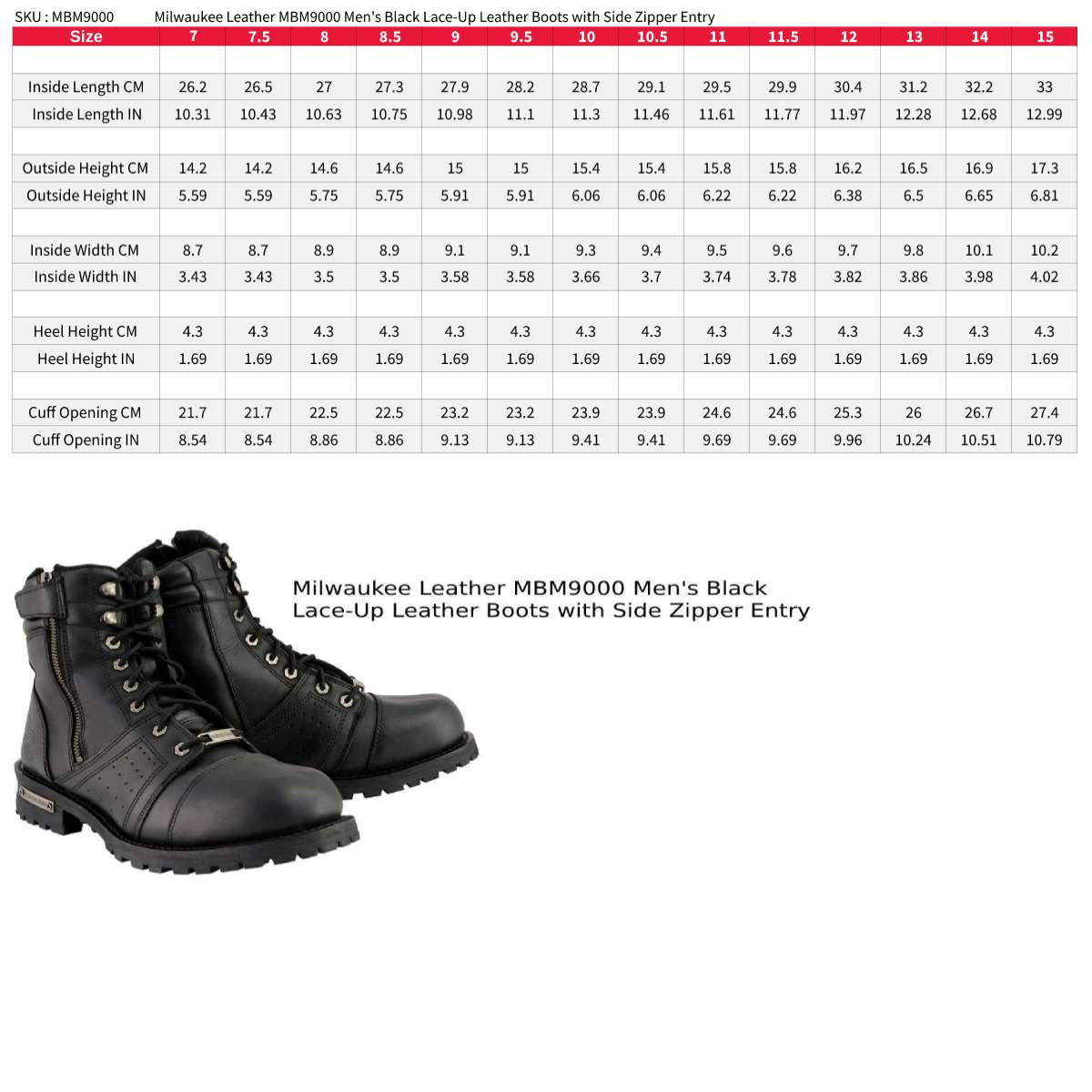 Milwaukee Leather MBM9000 Men's Black Lace-Up Motorcycle Riding Leather Boots with Side Zipper Entry