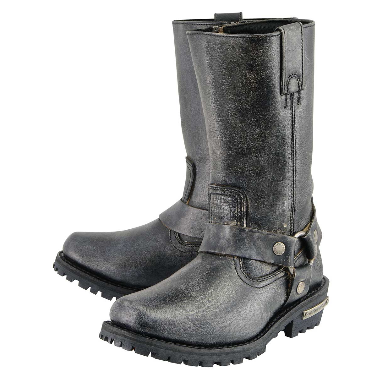 Milwaukee Leather MBM9006 Men's Distressed Gray Leather 11-inch Classic Harness Square Toe Motorcycle Boots