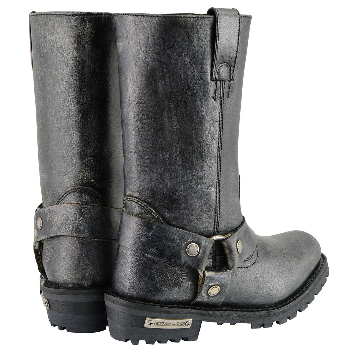 Milwaukee Leather MBM9006 Men's Distressed Gray Leather 11-inch Classic Harness Square Toe Motorcycle Boots