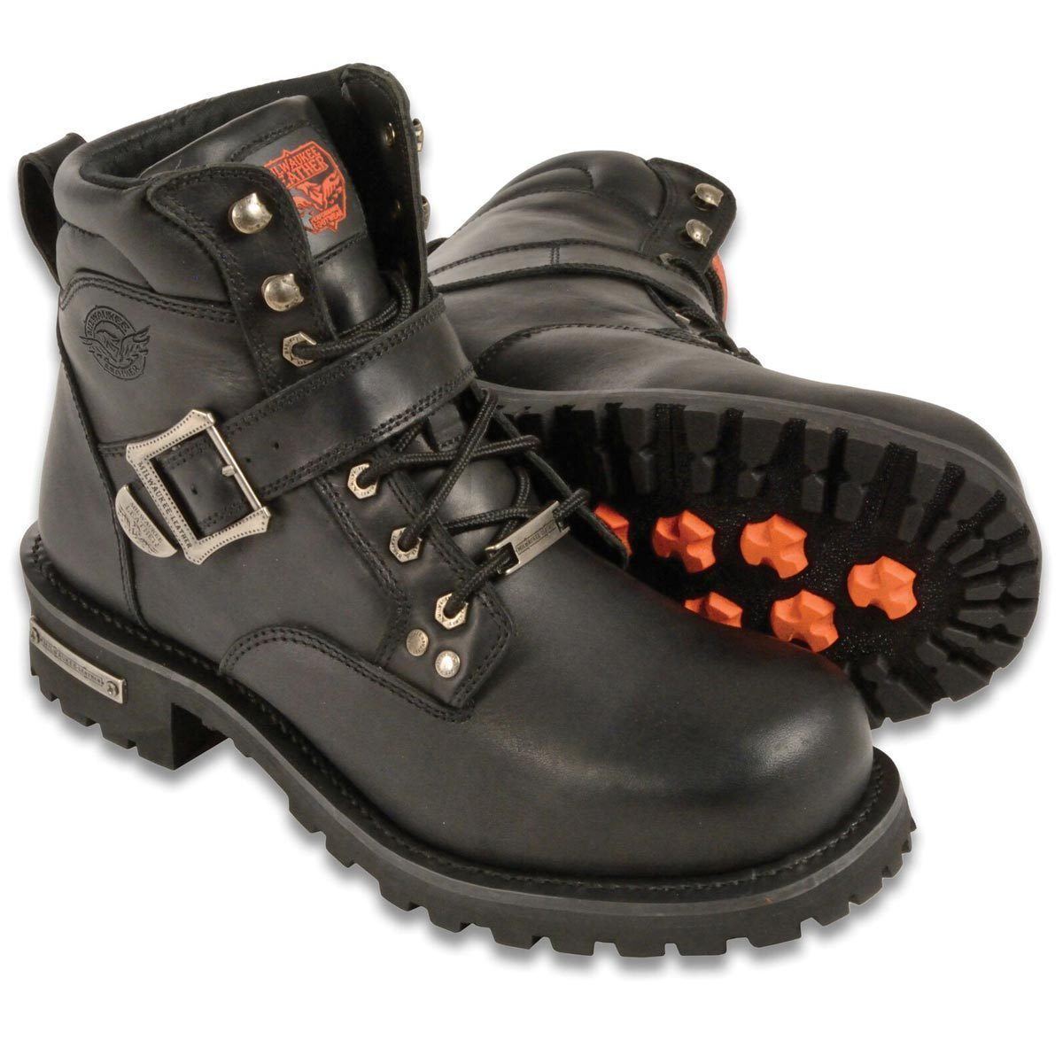 Milwaukee Leather Men's Wide-Width Classic Black Leather Lace-Up 6-inch Engineer Boots with Side Buckle MBM9010W