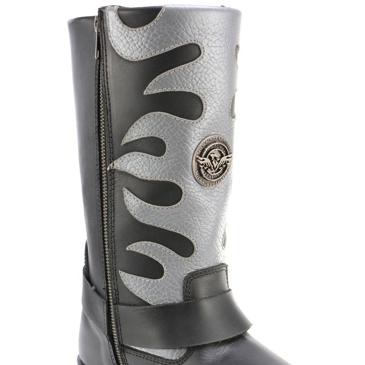 Milwaukee Leather Men’s Fire Fight Harness Boots – Black Leather w/ Silver Flames, 11″ Square Toe, Inside Zipper - MBM9067