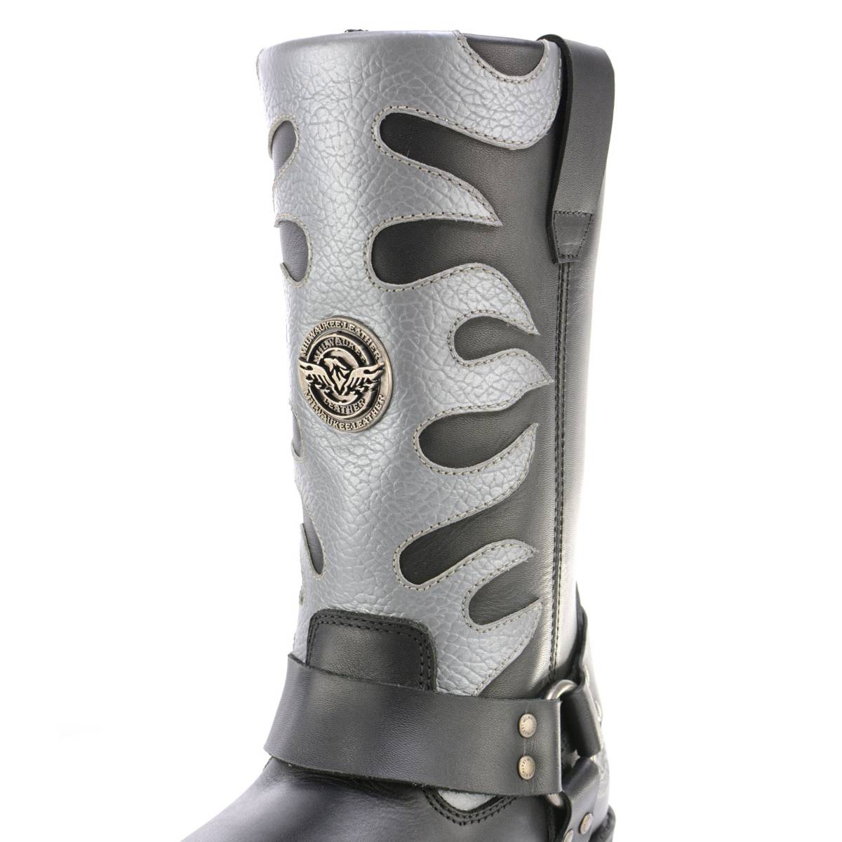 Milwaukee Leather Men’s Fire Fight Harness Boots – Black Leather w/ Silver Flames, 11″ Square Toe, Inside Zipper - MBM9067