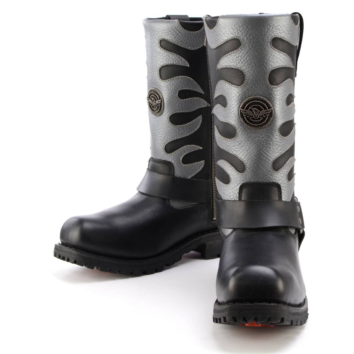 Milwaukee Leather Men’s Fire Fight Harness Boots – Black Leather w/ Silver Flames, 11″ Square Toe, Inside Zipper - MBM9067