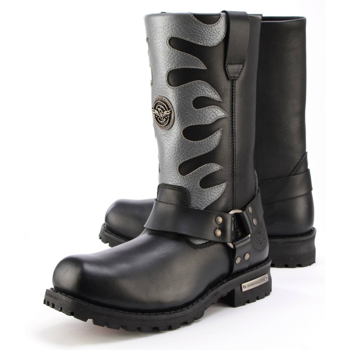 Milwaukee Leather Men’s Fire Fight Harness Boots – Black Leather w/ Silver Flames, 11″ Square Toe, Inside Zipper - MBM9067
