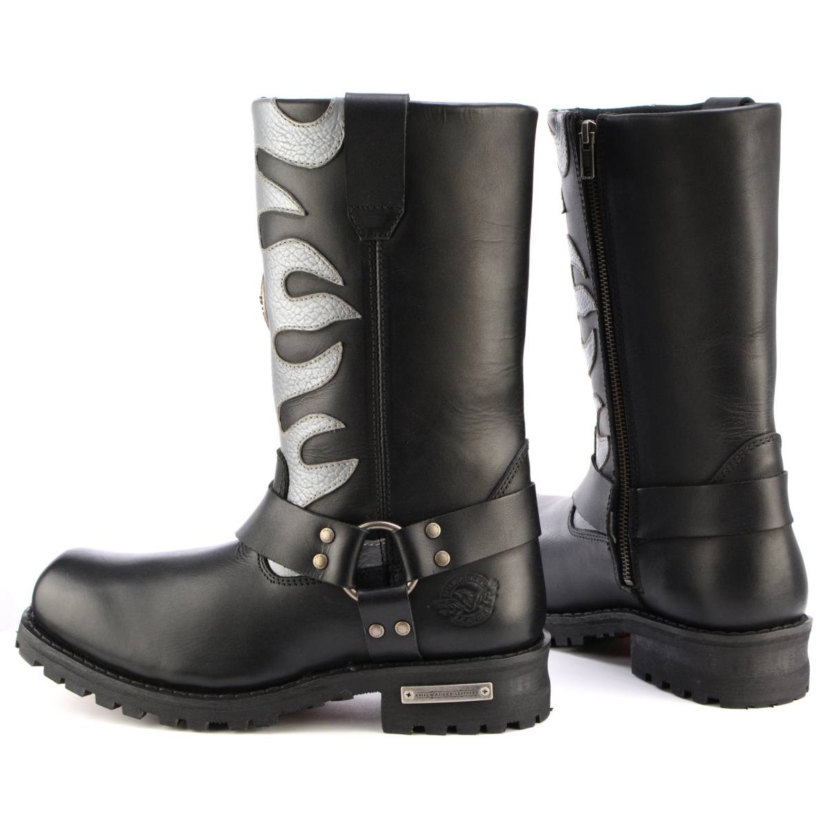 Milwaukee Leather Men’s Fire Fight Harness Boots – Black Leather w/ Silver Flames, 11″ Square Toe, Inside Zipper - MBM9067