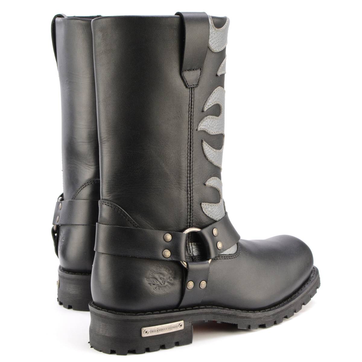 Milwaukee Leather Men’s Fire Fight Harness Boots – Black Leather w/ Silver Flames, 11″ Square Toe, Inside Zipper - MBM9067