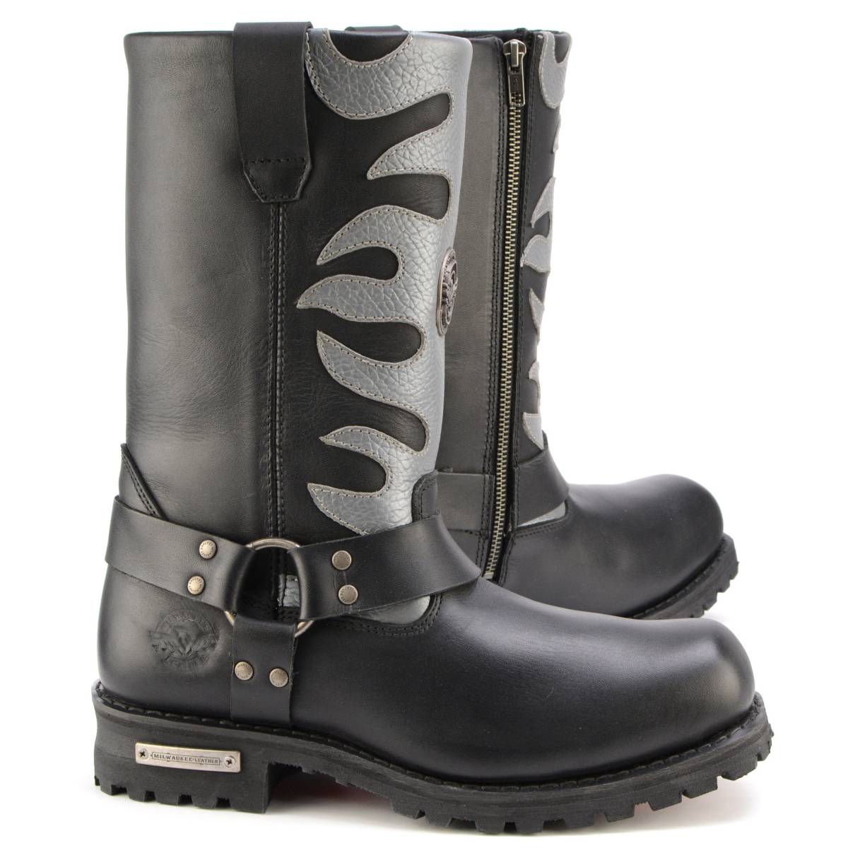 Milwaukee Leather Men’s Fire Fight Harness Boots – Black Leather w/ Silver Flames, 11″ Square Toe, Inside Zipper - MBM9067