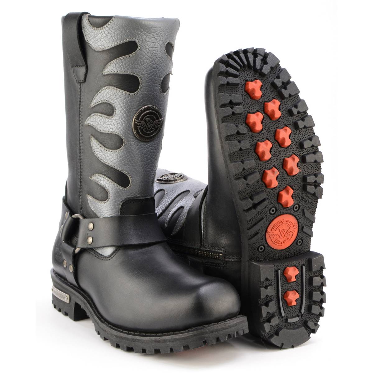 Milwaukee Leather Men’s Fire Fight Harness Boots – Black Leather w/ Silver Flames, 11″ Square Toe, Inside Zipper - MBM9067