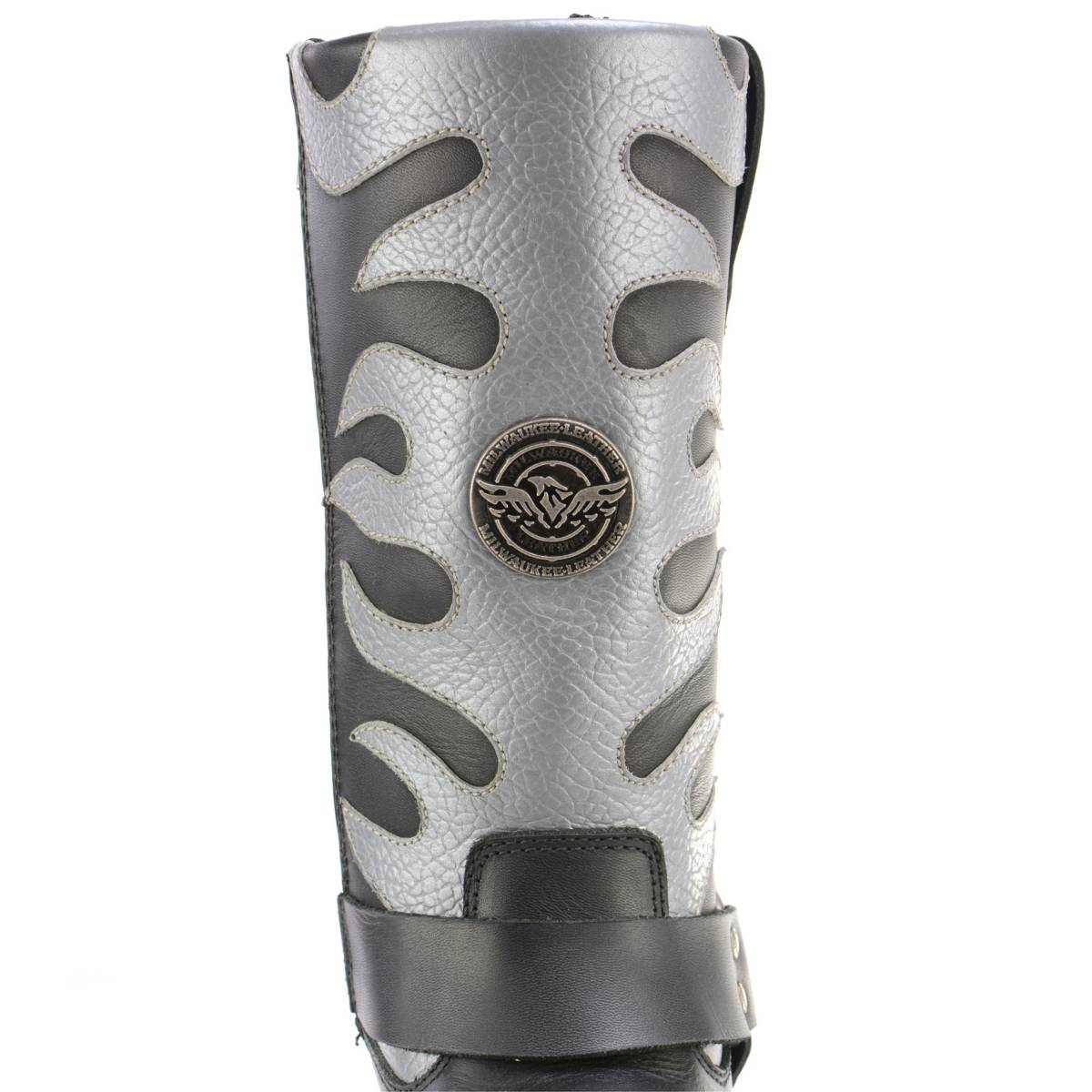 Milwaukee Leather Men’s Fire Fight Harness Boots – Black Leather w/ Silver Flames, 11″ Square Toe, Inside Zipper - MBM9067