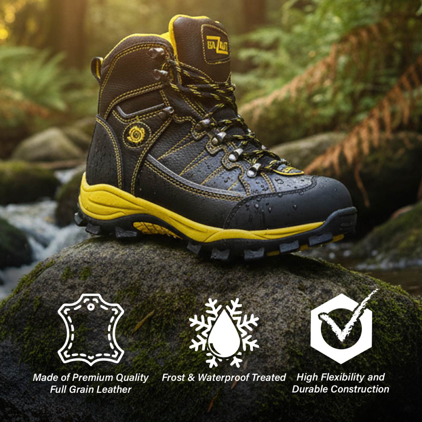 Bazalt MBM9123ST Men’s Black & Yellow Waterproof Frost-Proof Leather Work Boots with Composite Toe