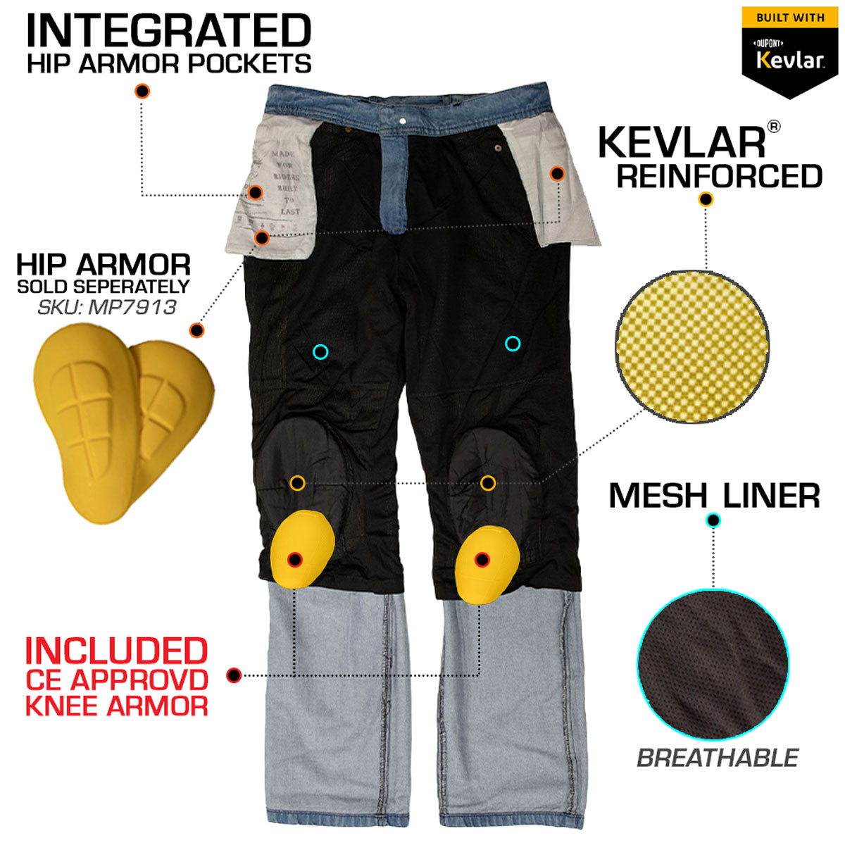 Milwaukee Leather MDM5003 Men's Blue Armored Motorcycle Riding Denim Jeans Reinforced with Aramid Fibers