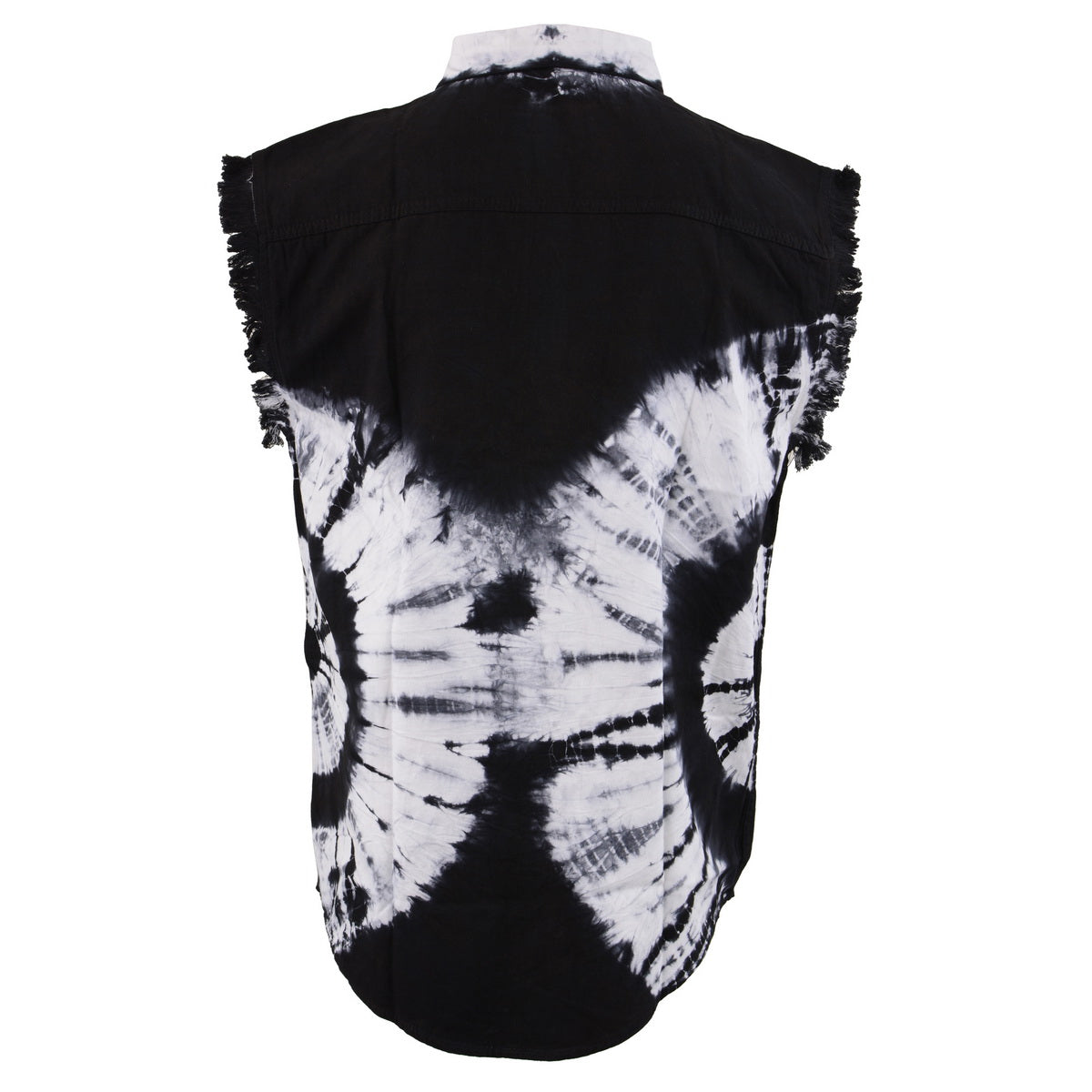 Biker Clothing Co. MDM11679 Men's Classic Black and White Tie-Dye Button-Down Frayed Sleeveless Cut Off Shirt