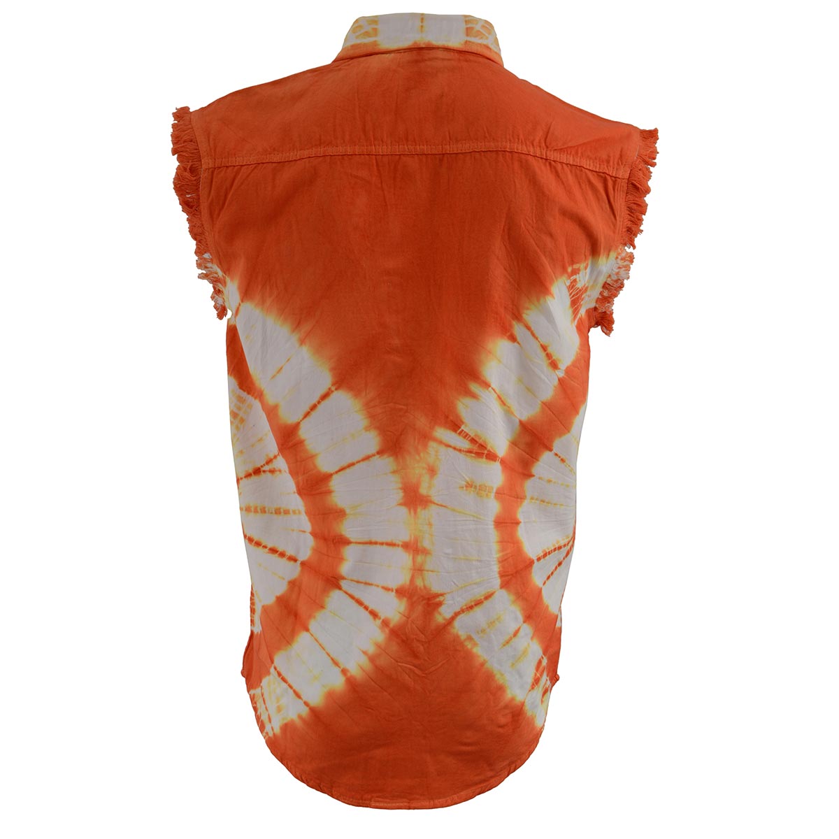 Biker Clothing Co. MDM11680 Men's Classic Orange and White Tie-Dye Button-Down Frayed Sleeveless Cut Off Shirt