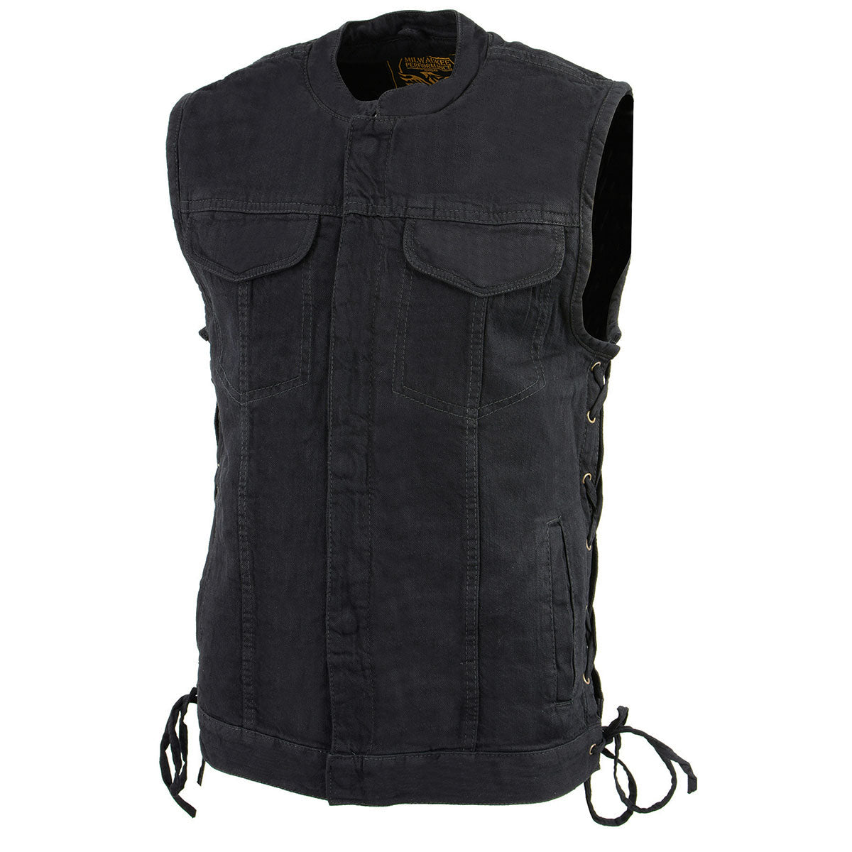 Milwaukee Leather MDM3002 Men's ‘Covert’ Black Denim Club Style Vest with Side Lace Adjustment