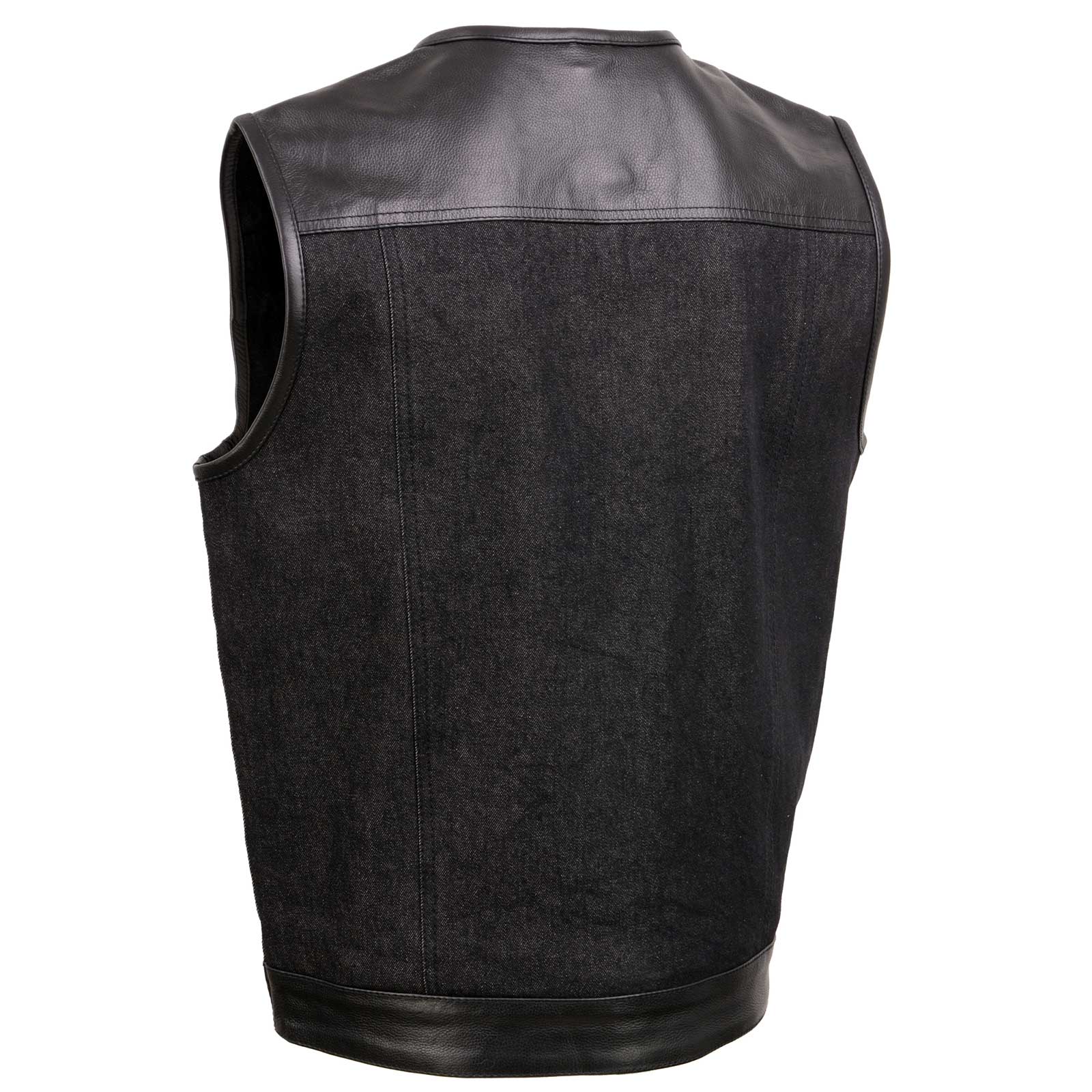 Milwaukee Leather MDM3003 Men's 'Brute' Concealed Snap Black Denim and Black Leather Club Style Vest w/ Hidden Zipper