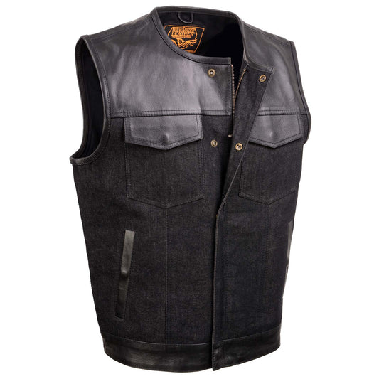 Milwaukee Leather MDM3003 Men's 'Brute' Concealed Snap Black Denim and Black Leather Club Style Vest w/ Hidden Zipper