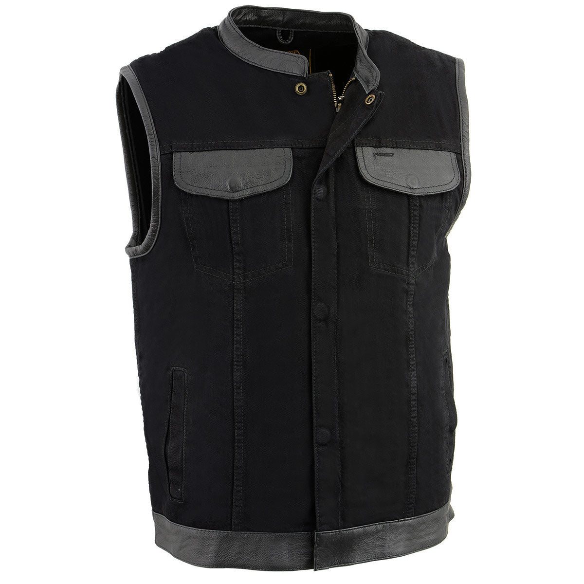 Milwaukee Leather MDM3010 Men's Black Denim Club Style Biker Vest with Leather Trim and Hidden Zipper