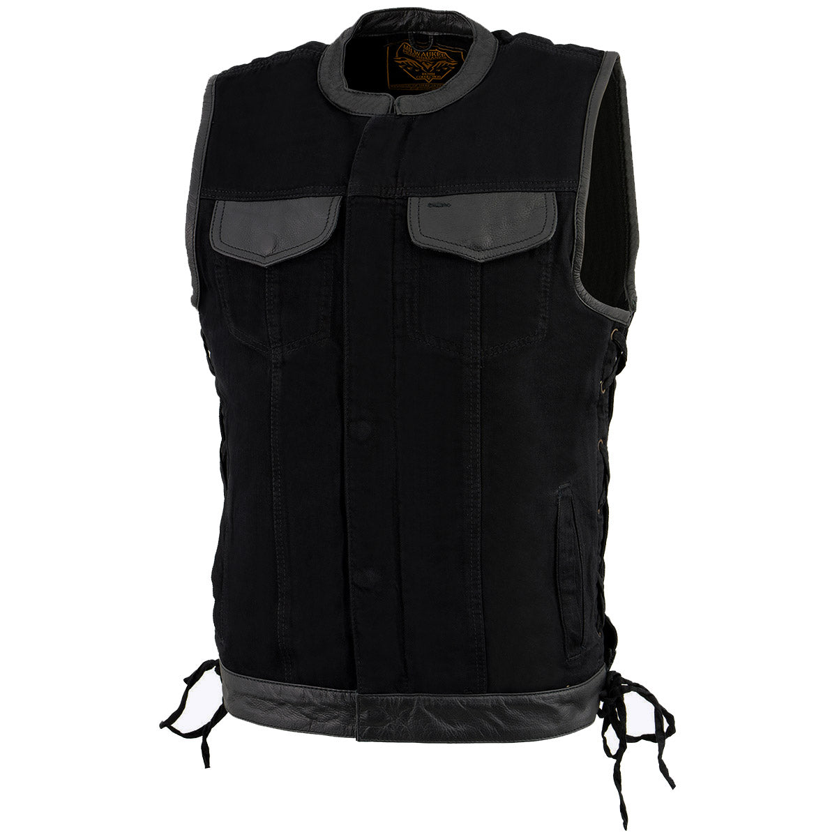 Milwaukee Leather MDM3011 Men's Black 'Hidden Zipper' Side Lace Motorcycle Rider Denim Vest w/ Leather Trim