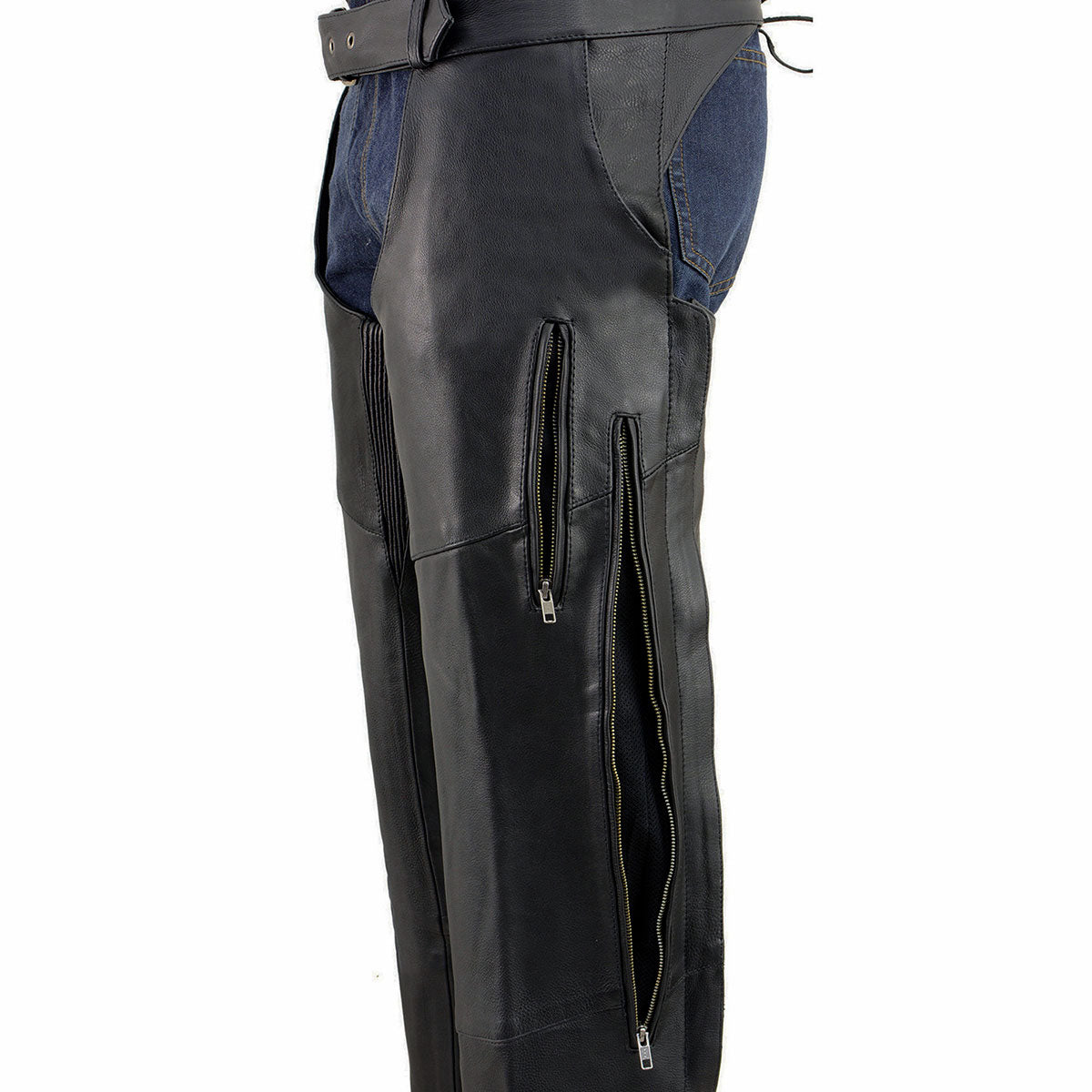 Milwaukee Leather Chaps for Men's Black Vented Naked Leather Side Style Pocket Stretch Thigh Motorcycle Chap ML1129