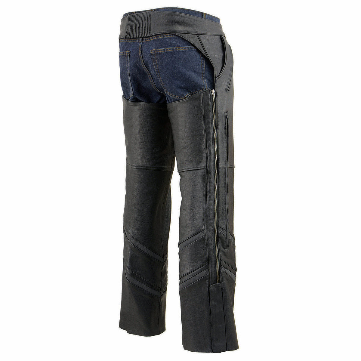 Milwaukee Leather Chaps for Men's Black Vented Naked Leather - Reflective Piping 5 Pockets Motorcycle Chap - ML1144